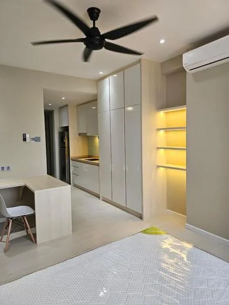 Bedroom features: light-colored walls, white cabinetry, built-in wardrobe, study desk, white chair, ceiling fan with light, recessed lighting, air conditioning unit, laminate flooring, open shelving with LED lighting; style: modern.
