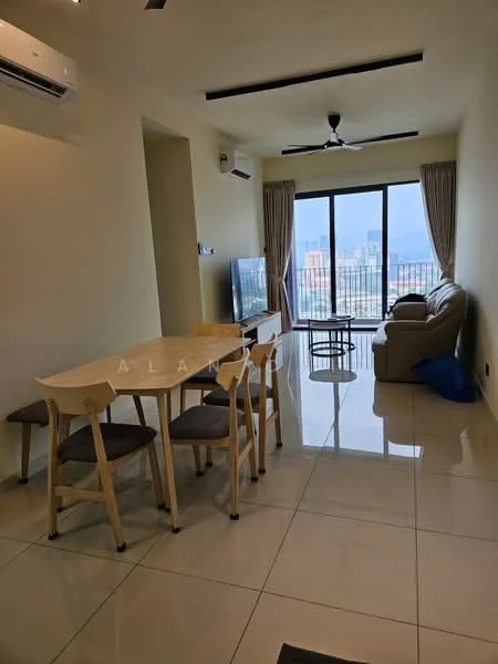 Living features: floor-to-ceiling windows, city view, 3-seater fabric sofa, bean bag chair, wall-mounted TV, dining table with 4 chairs, recessed downlights, wall-mounted split AC, cream painted walls, glossy tile flooring, curtains, light-colored furniture; style: modern; view: city.