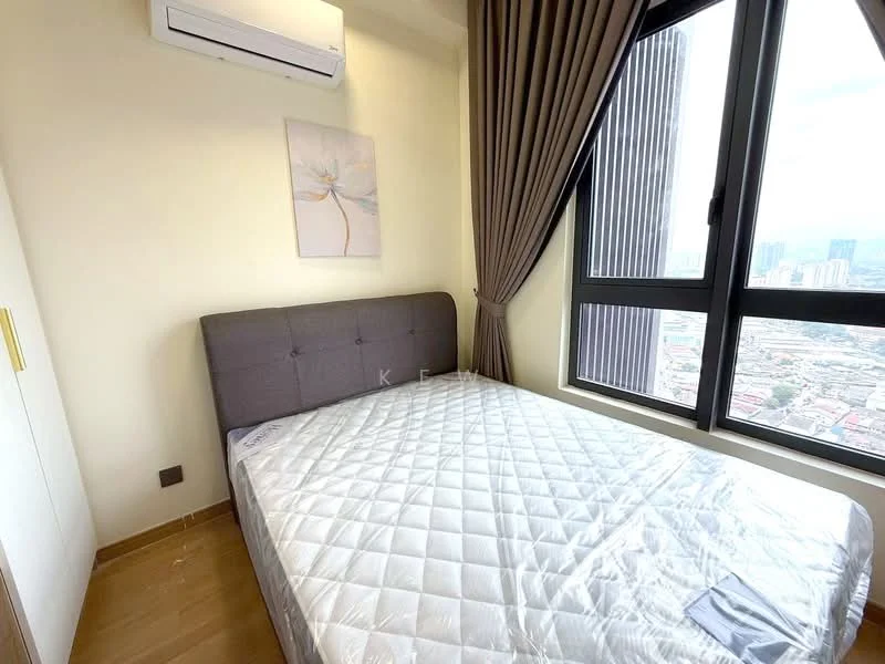 Bedroom features: queen-size bed, upholstered headboard, floor-to-ceiling window, curtains, air conditioning unit, wooden flooring, decorative artwork on wall, built-in wardrobe; style: modern; view: city.