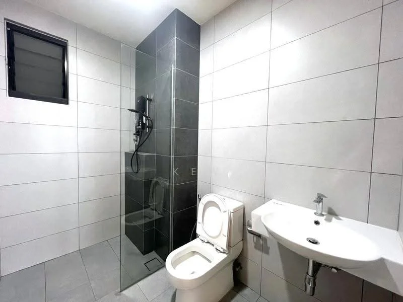 Bathroom features: grey tile flooring, white wall tiles, black accent wall tiles, walk-in shower with glass enclosure, rain shower head, handheld shower, white wall-mounted sink, chrome basin mixer faucet, one-piece toilet, small window for ventilation; style: modern.