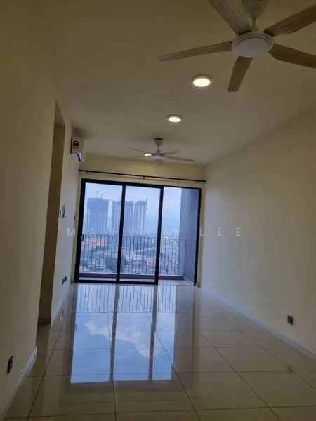 Living features: cream painted walls, glossy tile flooring, 5-blade ceiling fan with light, recessed downlights, floor-to-ceiling sliding glass door, city skyline view, air conditioning unit, balcony access; style: modern; view: city.