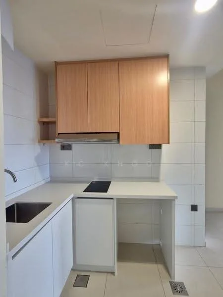 Kitchen features: single-bowl stainless-steel sink, chrome pull-down faucet, white cabinetry with wood accents, built-in stove cooktop, white countertop, tile backsplash, white tiled walls, light-colored flooring, recessed downlights; style: modern.