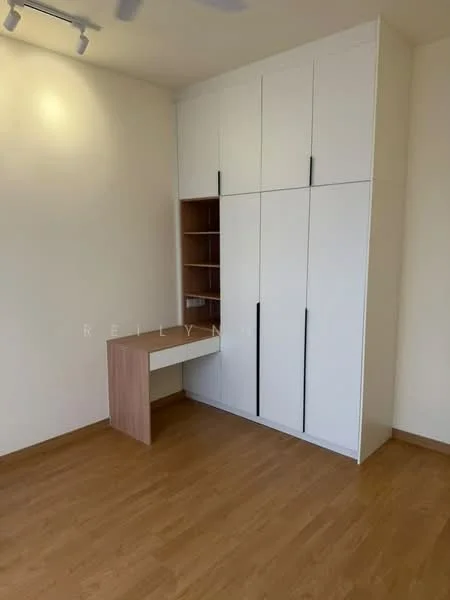 Room features: light wood flooring, white painted walls, built-in wardrobe with sliding doors, wooden desk with drawer, ceiling light fixture, wall-mounted shelving, neutral color scheme; style: modern.
