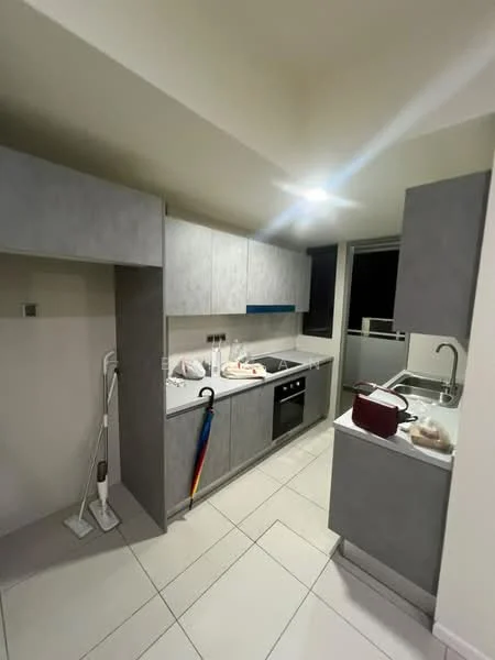 Kitchen features: grey cabinetry, white countertop, built-in oven, stainless-steel sink, chrome pull-down faucet, ceramic tile flooring, recessed downlights, sliding glass door, kitchen island, wall-mounted kitchen cabinets, open shelving, appliances on countertop; style: modern.