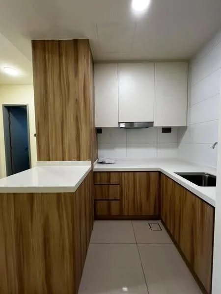 Kitchen features: white quartz countertop, wood cabinetry with grain finish, stainless-steel sink, chrome pull-down faucet, built-in oven, stainless-steel range hood, ceramic tile flooring, white tiled backsplash, under-cabinet lighting, drawer storage, open shelving, wall-mounted cabinets; style: modern.
