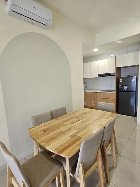 Dining features: wood dining table, 4 upholstered dining chairs, wall-mounted split AC, cream painted walls, tile flooring, arched entryway, kitchen visible in background, stainless-steel fridge; style: modern.