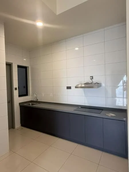 Kitchen features: white tiled walls, grey laminate cabinetry, single-bowl stainless-steel sink, chrome pull-down faucet, built-in range hood, grey countertop, ceramic tile flooring, recessed downlights, window with black frame; style: modern.