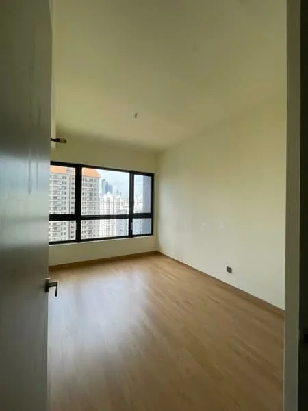 Room features: light wood flooring, white painted walls, floor-to-ceiling windows, city view, single light fixture on ceiling; style: modern; view: city.