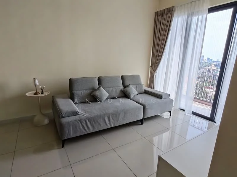 Living features: grey fabric L-shape sectional sofa, white side table, floor-to-ceiling windows, city skyline view, light-colored walls, glossy tile flooring, curtains, minimalist decor; style: modern; view: city.