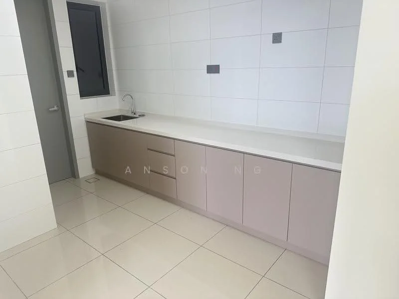 Kitchen features: single-bowl stainless-steel sink, chrome pull-down faucet, white quartz countertop, light grey cabinetry, flat-panel cabinet doors, white tiled backsplash, ceramic tile flooring, wall-mounted window, recessed downlights; style: modern.