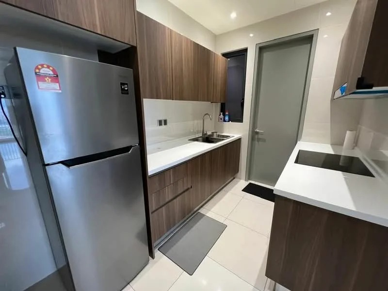 Kitchen features: stainless-steel fridge, white countertop, wood cabinetry, built-in oven, induction cooktop, ceramic tile flooring, single-bowl stainless-steel sink, chrome pull-down faucet, grey mat, wall-mounted cabinets, window with black frame; style: modern.