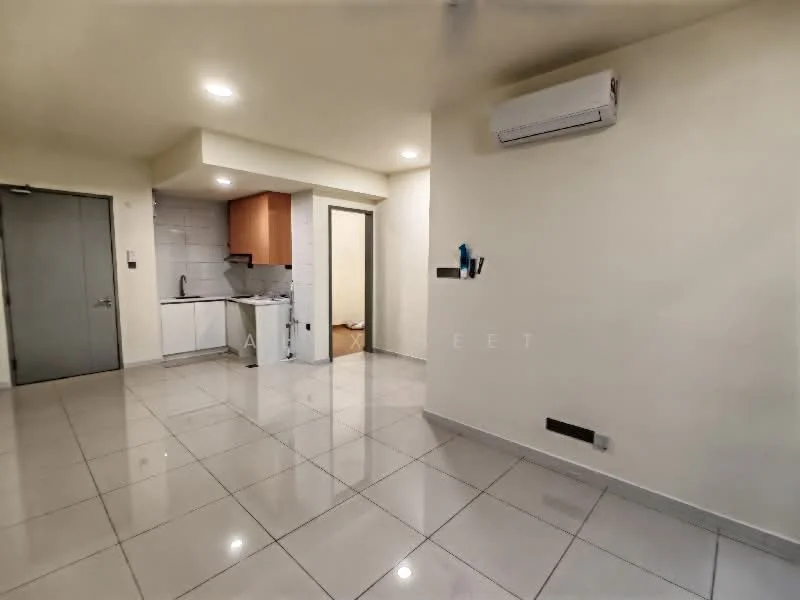 Living features: white painted walls, glossy ceramic tile flooring, recessed downlights, wall-mounted split AC, open kitchen layout, kitchen island, kitchen cabinetry in wood finish, stainless-steel sink, countertop, door leading to other rooms; style: modern.