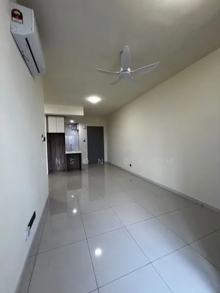 Living features: glossy tile flooring, white painted walls, 5-blade ceiling fan with light, wall-mounted split AC, recessed downlights, open layout, doorway to kitchen, large window for natural light; style: modern.