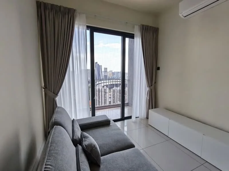 Living features: grey fabric sofa, floor-to-ceiling windows, sheer curtains, blackout curtains, white TV console, wall-mounted air conditioning unit, glossy tile flooring, city skyline view; style: modern; view: city.