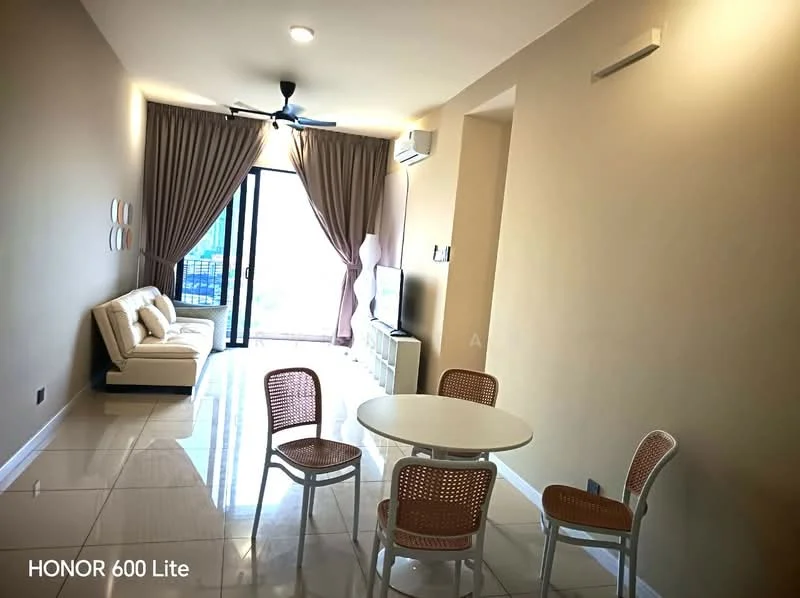 Living features: cream painted walls, glossy tile flooring, 5-blade ceiling fan with light, floor-to-ceiling windows, sliding glass door, sheer curtains, sofa in cream fabric, white TV console, round dining table, 4 rattan dining chairs, wall-mounted air conditioning unit; style: modern; view: city.
