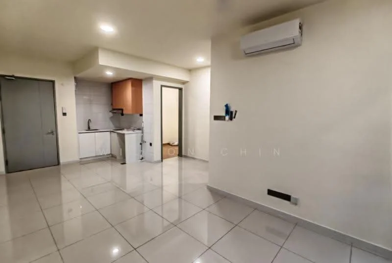 Room features: white painted walls, grey tiled flooring, 1 wall-mounted split AC, kitchen area with wooden cabinetry, stainless-steel sink, built-in kitchen appliances, open layout, recessed lighting; style: modern.