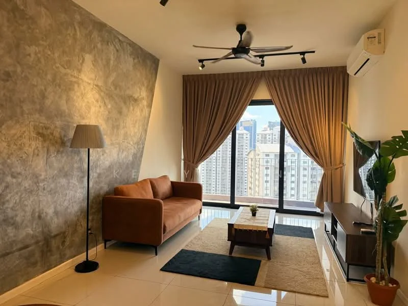Living features: 3-seater fabric sofa in brown, coffee table, TV console, wall-mounted TV, floor-to-ceiling windows, curtains in beige, ceiling fan, recessed downlights, decorative plant in pot, area rug in black and cream, accent wall with textured finish, polished tile flooring, air conditioning unit; style: modern; view: city.