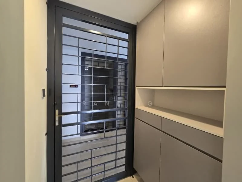 Room features: metal security grille door, grey cabinetry, built-in shelves, light-colored walls, tile flooring, neutral color palette, modern design, recessed lighting; style: modern.