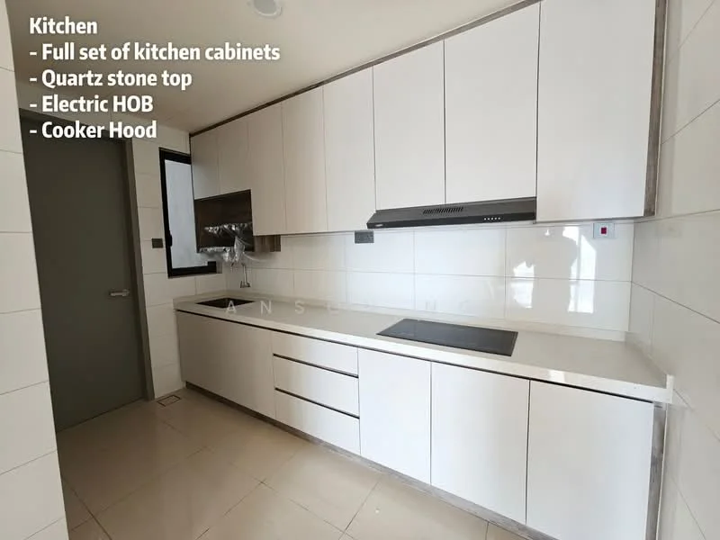 Kitchen features: full set of kitchen cabinets, quartz stone countertop, electric hob, cooker hood, white cabinetry, tile backsplash, recessed downlights, floor-to-ceiling window, neutral wall color, modern design; style: modern.