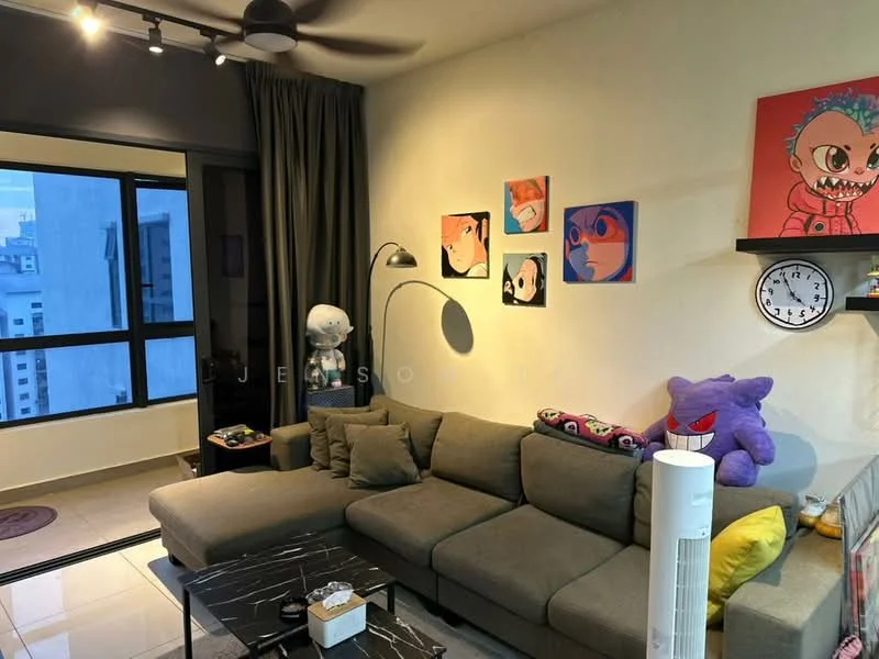 Living features: 3-seater fabric sofa in grey, coffee table with marble top, floor-to-ceiling windows, blackout curtains, wall-mounted clock, decorative wall art, plush toys, ceiling fan, LED lighting, light-colored walls, tile flooring; style: modern; view: city.