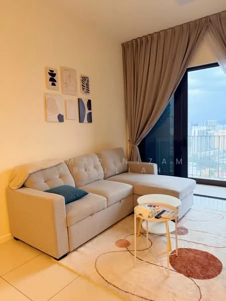 Living features: 3-seater fabric sofa in beige, coffee table, area rug with circular patterns, floor-to-ceiling windows, curtains, wall art with abstract designs, light-colored walls, tile flooring; style: modern; view: city.