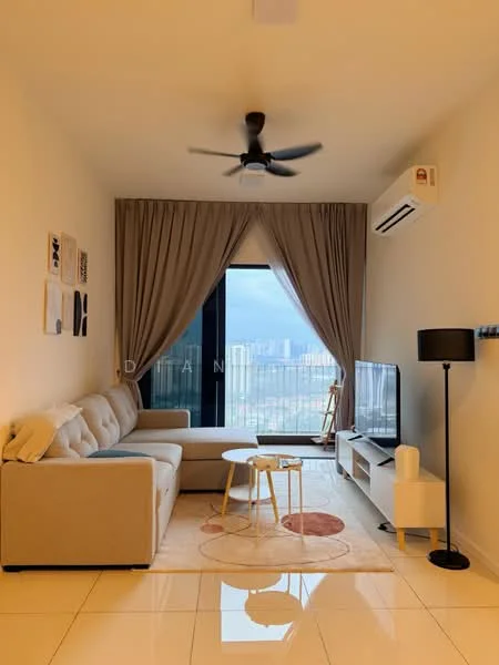 Living features: 3-seater fabric sofa in beige, round coffee table with white top, TV console with flat-screen TV, floor lamp, ceiling fan, floor-to-ceiling windows, curtains, white tiled flooring, decorative area rug, wall-mounted air conditioning unit; style: modern; view: city.