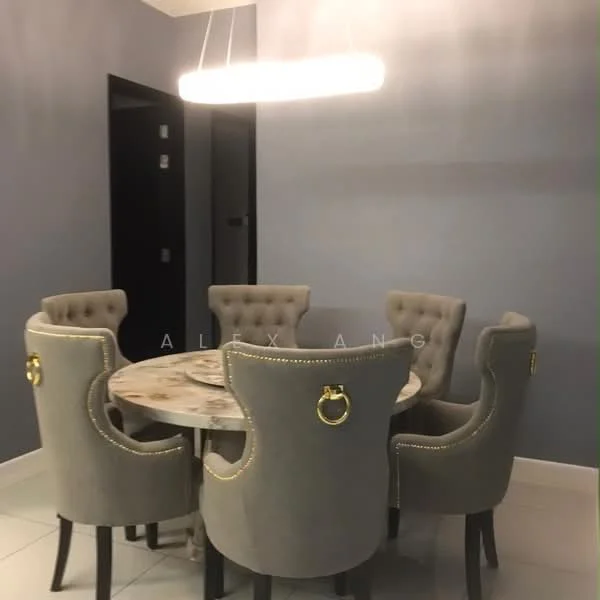 Dining features: round dining table with marble top, 6 upholstered dining chairs in grey, gold ring detail on chair backs, pendant light fixture, grey painted walls, white tile flooring; style: modern.