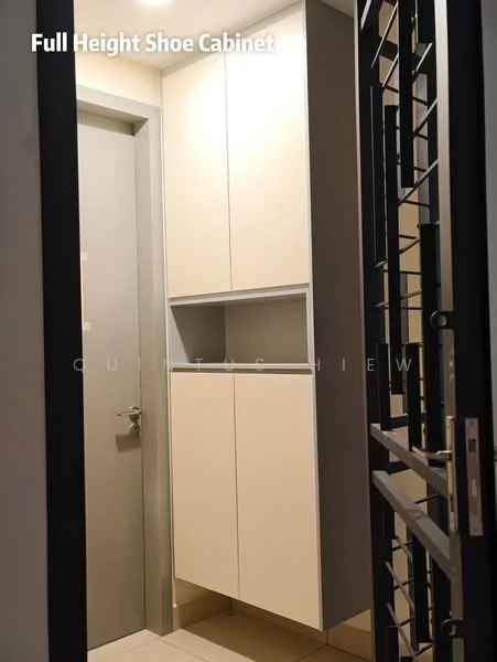 Room features: full height shoe cabinet, white cabinetry, grey door, tile flooring, neutral wall color, modern design, built-in storage, minimalist style; style: modern.