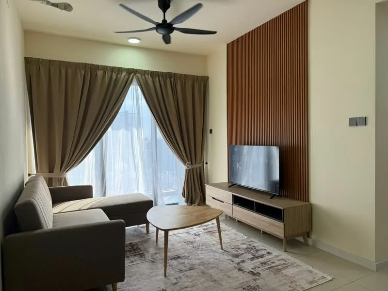 Living features: 3-seater fabric sofa in grey, chaise lounge, wooden coffee table, TV console with storage, wall-mounted TV, floor-to-ceiling windows, sheer curtains, wood accent wall, recessed downlights, ceiling fan with light, area rug with abstract pattern; style: modern; view: city.