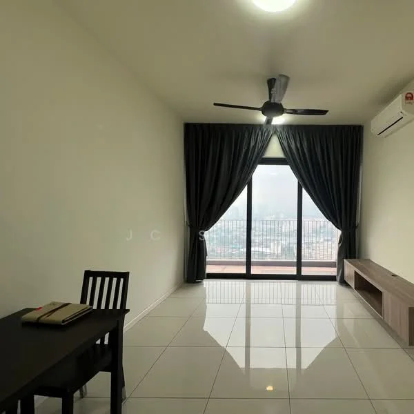 Living features: white painted walls, glossy tile flooring, 5-blade ceiling fan with light, floor-to-ceiling windows, blackout curtains, sliding glass door, TV console, dining table with chairs; style: modern; view: city.