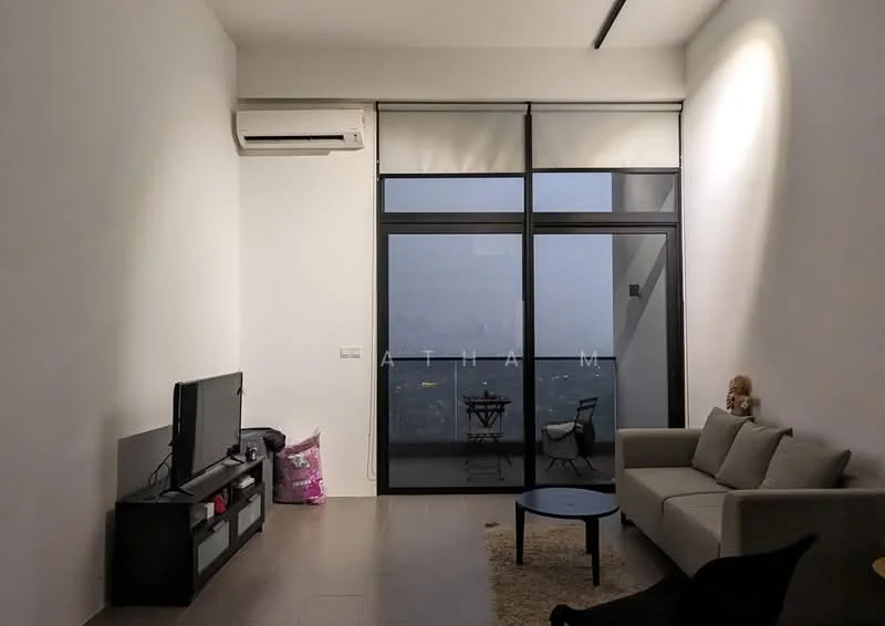 Living features: grey fabric sofa, black coffee table, wall-mounted TV, TV console, floor-to-ceiling windows, sliding glass door, curtains, 1 wall-mounted split AC, light-coloured walls, tile flooring, decorative wall art, small dining table with chairs on balcony; style: modern; view: city.