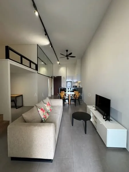 Living features: beige fabric sofa, decorative cushions with floral pattern, black coffee table, white TV console, wall-mounted TV, recessed LED downlights, 5-blade ceiling fan, grey tile flooring, high ceiling, open layout to dining area; style: modern. Dining features: wood dining table, black dining chairs, open layout to living area; style: modern.