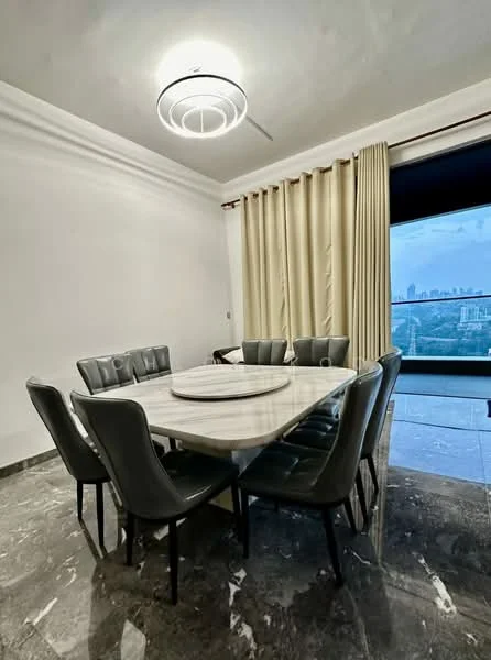 Dining features: 6-seater dining table with marble top, upholstered dining chairs in grey, large window with city view, curtains in cream color, recessed ceiling light fixture, polished marble flooring, white painted walls, crown moulding; style: modern; view: city.