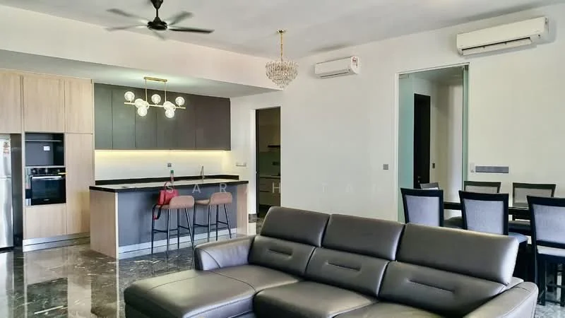 Living features: 3-seater leather sofa in dark grey, marble flooring, ceiling fan, chandelier, wall-mounted split AC, open layout to kitchen, TV console, area rug, decorative wall art; style: modern. Kitchen features: black countertop, wood cabinetry, built-in oven, stainless-steel fridge, bar stools, pendant lighting, open shelving, kitchen island; style: modern. Dining features: 6-seater dining table, upholstered dining chairs, wall-mounted split AC; style: modern.