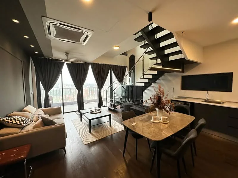 Living features: 3-seater fabric sofa in beige, black and white geometric area rug, coffee table, wall-mounted TV, floor-to-ceiling windows, blackout curtains, 5-blade ceiling fan, recessed downlights, wooden flooring, open-plan layout with dining area; style: modern; view: city. Dining features: 6-seater dining table with marble top, black dining chairs, decorative centerpiece, wall-mounted TV, open kitchen area; style: modern; view: city. Kitchen features: stainless-steel sink, chrome pull-down faucet, black cabinetry, built-in oven, induction hob, countertop with backsplash, refrigerator; style: modern; view: city.