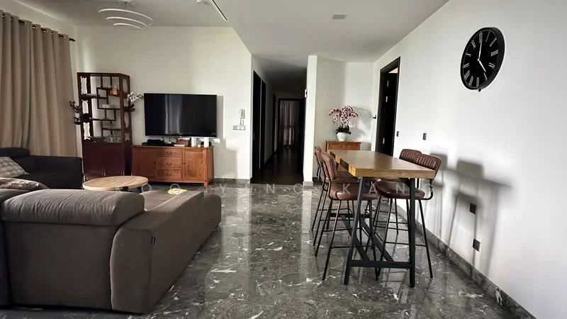 Living features: grey marble flooring, white painted walls, recessed downlights, 5-blade ceiling fan, wall-mounted TV, wooden sideboard, round coffee table, 6-seater dining table, bar stools, large windows with sheer curtains, decorative wall clock; style: modern.
