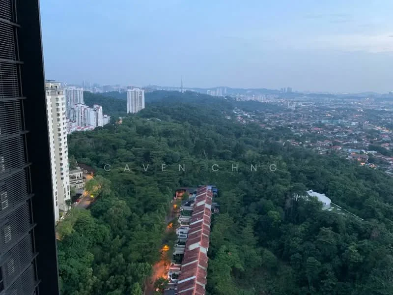 Exterior type: high-rise condominium; features: city skyline view, surrounded by greenery, adjacent to hillside, multi-storey buildings in the background, residential area below, roadway visible, urban landscape; style: modern.