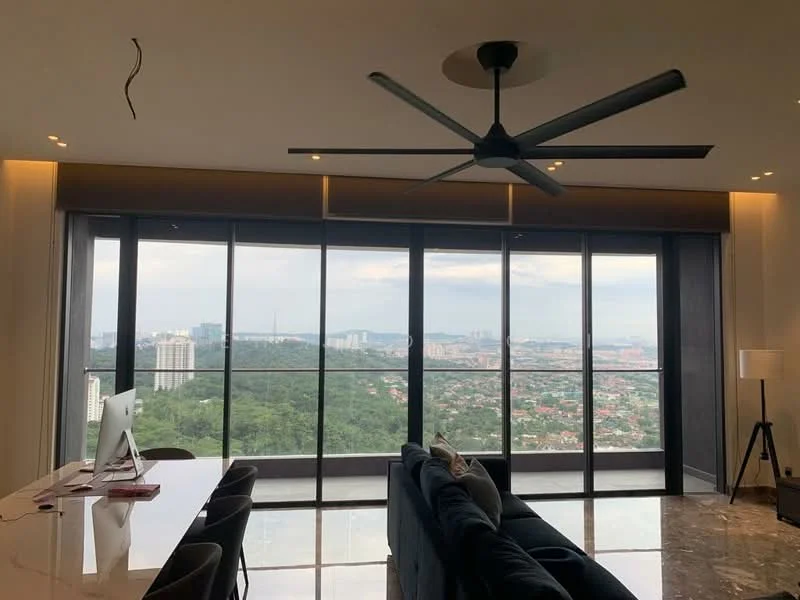 Living features: floor-to-ceiling windows, city skyline view, 5-blade ceiling fan, marble flooring, sofa in dark color, dining table with chairs, recessed downlights, decorative wall feature; style: modern; view: city.