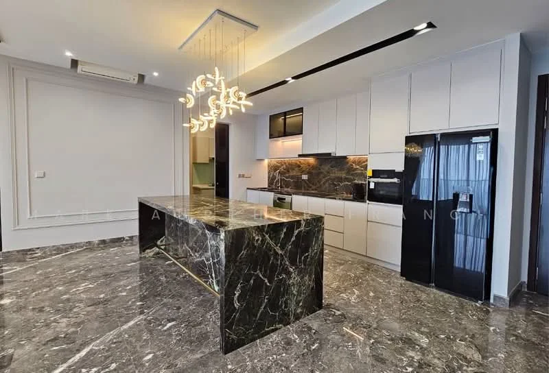 Kitchen features: marble countertop, kitchen island with waterfall edge, white flat-panel cabinets, black built-in oven, stainless-steel fridge, black glass cooktop, chrome pull-down faucet, pendant lighting, recessed downlights, grey marble flooring, floor-to-ceiling windows, sliding glass door; style: modern.