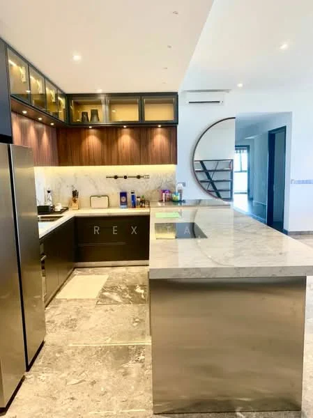 Kitchen features: marble countertop, stainless-steel island, dark wood cabinetry, glass-front upper cabinets, built-in oven, stainless-steel fridge, sink with chrome faucet, recessed downlights, grey tile flooring, decorative circular mirror, open shelving, backlit cabinetry; style: modern.