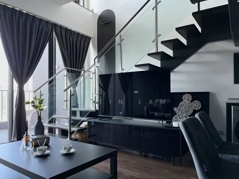Living features: black wall-mounted TV, black entertainment unit, glass railing staircase, black dining table, black dining chairs, floor-to-ceiling windows, black curtains, wood flooring, decorative wall art, modern lighting fixture; style: modern; view: city.