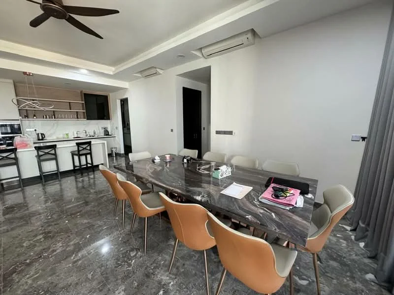 Dining features: marble dining table, 10 beige dining chairs, pendant light fixture, recessed downlights, grey walls, sliding glass door, floor-to-ceiling windows, air conditioning unit, decorative items on table; style: modern. Kitchen features: open kitchen layout, stainless-steel appliances, kitchen island with bar stools, white cabinetry, black countertops, built-in oven, microwave, dishwasher, sink with faucet; style: modern.