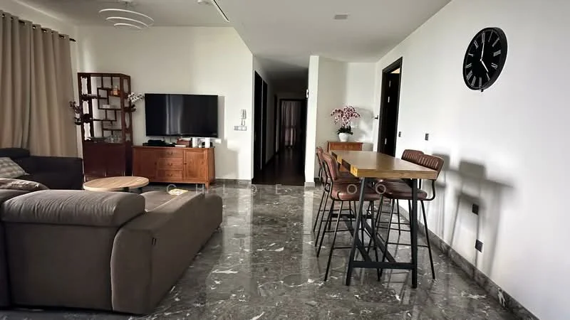 Living features: grey fabric sofa, coffee table, wooden dining table with high stools, marble flooring, wall-mounted TV, decorative wall clock, curtains, recessed ceiling lights, open layout, wooden sideboard, neutral painted walls; style: modern. Room features: hallway leading to other rooms, dark wooden doors.