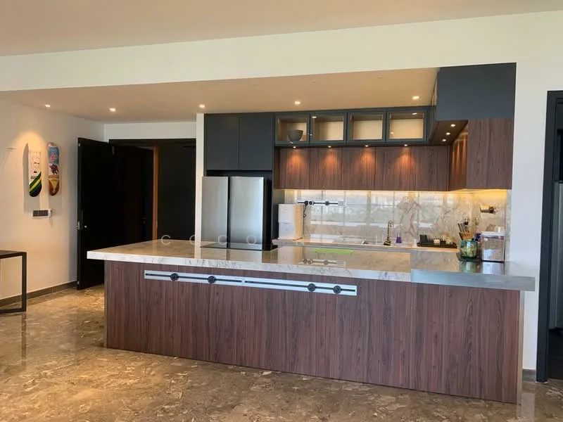 Kitchen features: marble countertop, stainless-steel fridge, built-in cabinetry with dark wood finish, glass-front upper cabinets, under-cabinet lighting, kitchen island with seating, modern faucet, ceramic tile backsplash, recessed downlights, open shelving, sliding door access to outdoor view; style: modern; view: city.