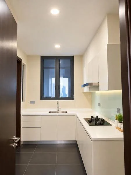 Kitchen features: white cabinetry, white quartz countertop, stainless-steel sink, chrome pull-down faucet, 4-burner gas hob, built-in oven, black tile flooring, recessed LED downlights, floor-to-ceiling windows, minimalist design, wall-mounted range hood, open shelving; style: modern; view: city.