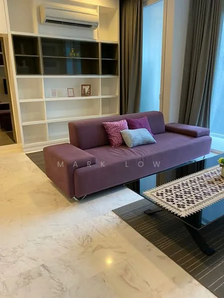 Living features: 3-seater fabric sofa in purple, coffee table with glass top, marble flooring, built-in shelving unit, floor-to-ceiling windows, curtains in grey, decorative cushions, area rug with geometric pattern, air conditioning unit mounted on wall, wall-mounted decor items; style: modern.