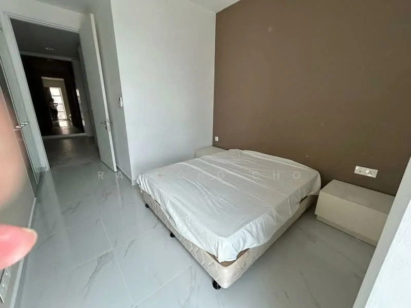 Bedroom features: queen-size bed with mattress, white bed linens, two bedside tables, brown accent wall, white painted walls, marble tile flooring, built-in wardrobe, floor-to-ceiling door, natural light from door, neutral color scheme; style: modern.