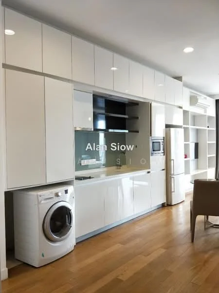 Kitchen features: white high-gloss cabinetry, built-in microwave, stainless-steel fridge, single-bowl stainless-steel sink, chrome pull-down faucet, ceramic tile backsplash, 4-burner gas hob, built-in oven, washing machine, wooden flooring, recessed LED downlights, open shelving; style: modern.