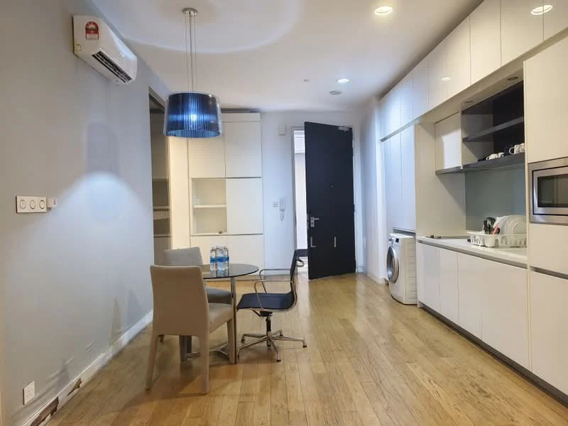 Kitchen features: white cabinetry, stainless-steel built-in oven, stainless-steel microwave, stainless-steel fridge, single-bowl stainless-steel sink, chrome pull-down faucet, white countertop, open shelving, washer/dryer combo unit, wooden flooring, recessed downlights, floor-to-ceiling windows, round dining table, upholstered dining chairs, blue pendant light; style: modern.