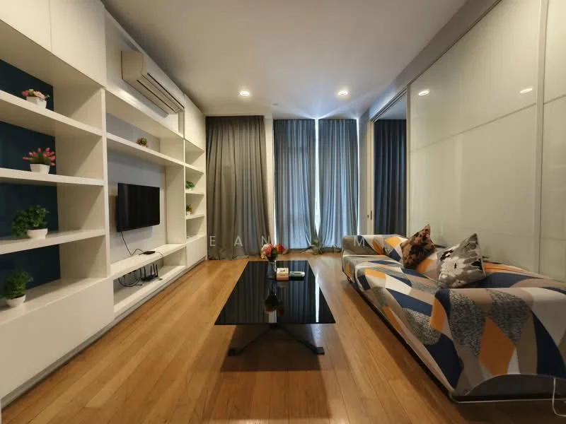 Living features: wooden flooring, white painted walls, built-in shelving unit, wall-mounted TV, sofa with geometric pattern, coffee table with black surface, floor-to-ceiling windows, sheer curtains, recessed downlights, decorative cushions, houseplants in pots; style: modern.